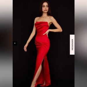 House of CB Adrienne Scarlet Satin Strapless Gown